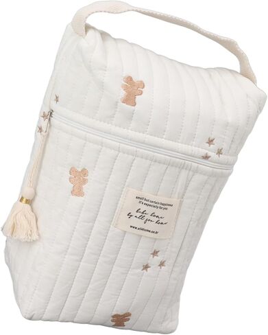 Quilting Embroidered Diapers Bag, Cotton Baby Stroller Zipper Bag with Smooth Zipper and Ergonomic Handle, for Bottle Wipes Pacifier Toys Outdoor Travel (Bear) in Saudi Arabia