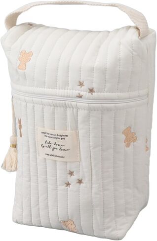 Quilting Embroidered Diapers Bag, Cotton Baby Stroller Zipper Bag with Smooth Zipper and Ergonomic Handle, for Bottle Wipes Pacifier Toys Outdoor Travel (Bear) in Saudi Arabia