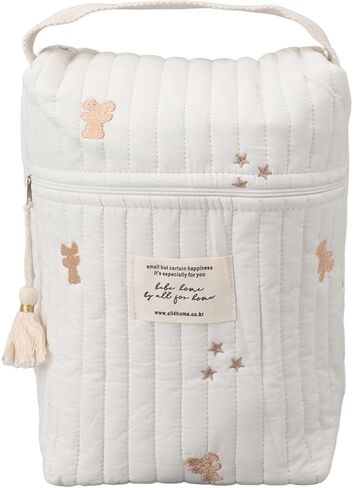 Quilting Embroidered Diapers Bag, Cotton Baby Stroller Zipper Bag with Smooth Zipper and Ergonomic Handle, for Bottle Wipes Pacifier Toys Outdoor Travel (Bear) in Saudi Arabia