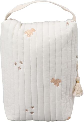 Quilting Embroidered Diapers Bag, Cotton Baby Stroller Zipper Bag with Smooth Zipper and Ergonomic Handle, for Bottle Wipes Pacifier Toys Outdoor Travel (Bear) in Saudi Arabia