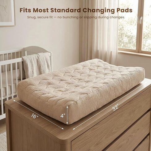 Konssy Waterproof Muslin Changing Pad Cover 2 Pack, 100% Cotton Quilted Diaper Changing Table Sheets, Soft Breathable Boho Nursery Bedding for Baby, Silent & Absorbent Standard Fit (Fog Green,Cream) in Kuwait