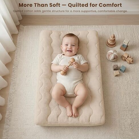 Konssy Waterproof Muslin Changing Pad Cover 2 Pack, 100% Cotton Quilted Diaper Changing Table Sheets, Soft Breathable Boho Nursery Bedding for Baby, Silent & Absorbent Standard Fit (Fog Green,Cream) in Kuwait