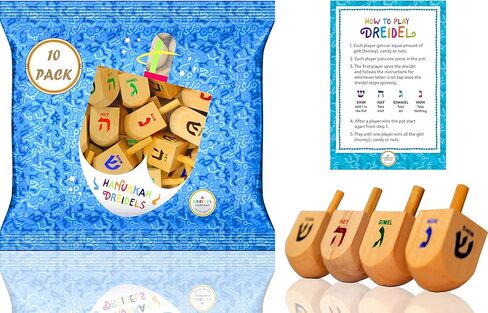 10 عبوات من الخشب الطبيعي Dreidels Hanukkah Draydel مع الحروف الإنجليزية وبطاقات التعليمات in Kuwait