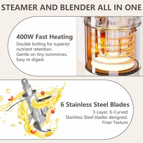 صانع طعام الأطفال، خزان زجاجي ووعاء، محضر طعام زجاجي، 12 أونصة، جهاز بخار وخلاط غير بلاستيكي، صانع هريس بخطوة واحدة، 6 شفرات من الفولاذ المقاوم للصدأ، وصفة مؤقتة للتنظيف الذاتي in Kuwait