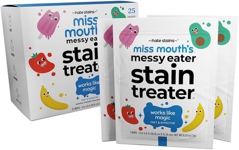 Miss Mouth's Messy Eater Stain Treater Wipes - 25 Pack Stain Remover - Newborn & Baby Essentials - No Dry Cleaning Food, Grease, Coffee Off Laundry, Underwear, Fabric in Saudi Arabia