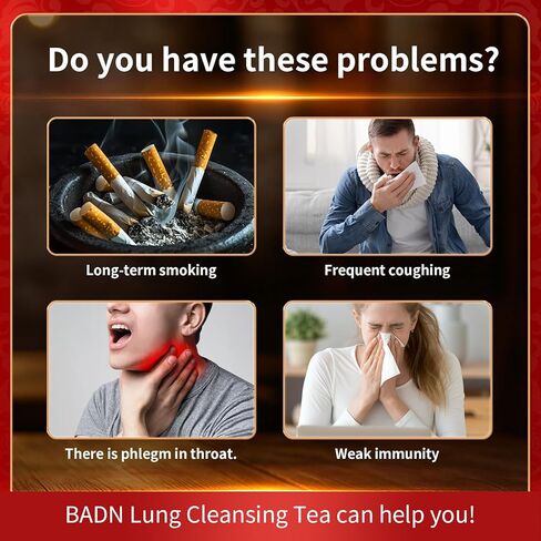 BADN Lung Cleansing Tea, 7 natural herbal teas, a supplement for bronchial and respiratory system health, suitable for smokers and adults for lung cleansing and detoxification, 2g*15 bags in Saudi Arabia