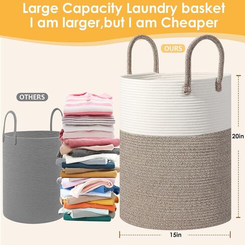Large 60L Laundry Basket Hamper, Woven Cotton Rope Basket with Handles, Blanket Basket for Living Room, Baby Nursery, Bedroom & Bathroom, 15"D x 20"H Decorative Clothes Hamper, White/Brown in Saudi Arabia