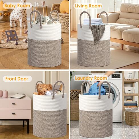 Large 60L Laundry Basket Hamper, Woven Cotton Rope Basket with Handles, Blanket Basket for Living Room, Baby Nursery, Bedroom & Bathroom, 15"D x 20"H Decorative Clothes Hamper, White/Brown in Saudi Arabia