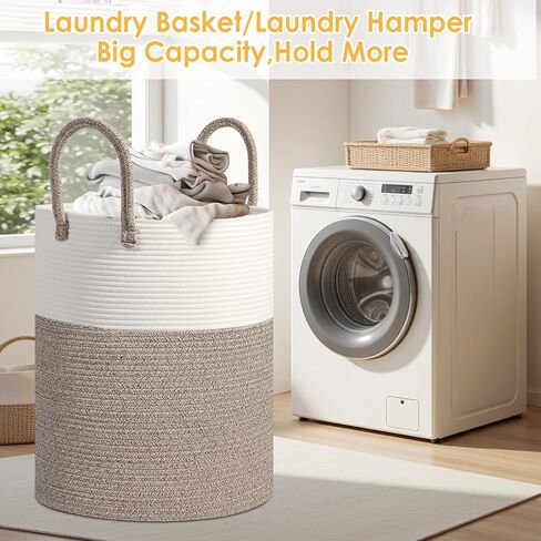 Large 60L Laundry Basket Hamper, Woven Cotton Rope Basket with Handles, Blanket Basket for Living Room, Baby Nursery, Bedroom & Bathroom, 15"D x 20"H Decorative Clothes Hamper, White/Brown in Saudi Arabia