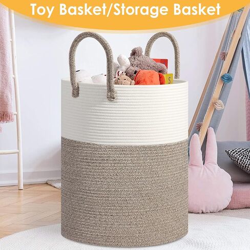 Large 60L Laundry Basket Hamper, Woven Cotton Rope Basket with Handles, Blanket Basket for Living Room, Baby Nursery, Bedroom & Bathroom, 15"D x 20"H Decorative Clothes Hamper, White/Brown in Saudi Arabia