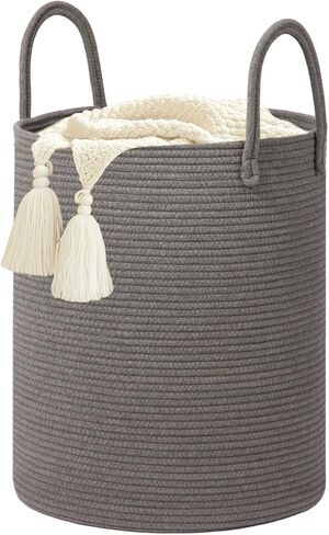 Large 60L Laundry Basket Hamper, Woven Cotton Rope Basket with Handles, Blanket Basket for Living Room, Baby Nursery, Bedroom & Bathroom, 15"D x 20"H Decorative Clothes Hamper, White/Brown in Saudi Arabia