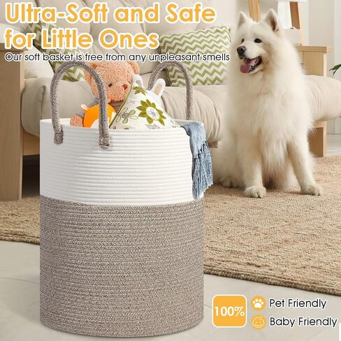 Large 60L Laundry Basket Hamper, Woven Cotton Rope Basket with Handles, Blanket Basket for Living Room, Baby Nursery, Bedroom & Bathroom, 15"D x 20"H Decorative Clothes Hamper, White/Brown in Saudi Arabia