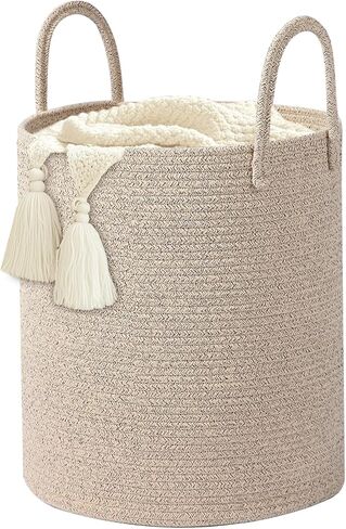 Large 60L Laundry Basket Hamper, Woven Cotton Rope Basket with Handles, Blanket Basket for Living Room, Baby Nursery, Bedroom & Bathroom, 15"D x 20"H Decorative Clothes Hamper, White/Brown in Saudi Arabia