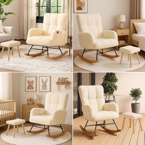 COMHOMA Nursery Rocking Chair with Ottoman,Teddy Glider Rocking Chair,Accent Chair with High Backrest Reading Chair for Adult,Nursery,Bedroom,Living Room,Offices(Beige with Ottoman) in Saudi Arabia