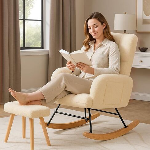 COMHOMA Nursery Rocking Chair with Ottoman,Teddy Glider Rocking Chair,Accent Chair with High Backrest Reading Chair for Adult,Nursery,Bedroom,Living Room,Offices(Beige with Ottoman) in Saudi Arabia