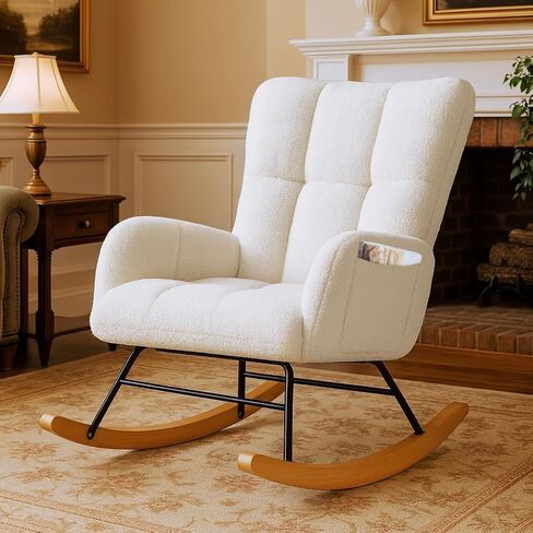 COMHOMA Nursery Rocking Chair with Ottoman,Teddy Glider Rocking Chair,Accent Chair with High Backrest Reading Chair for Adult,Nursery,Bedroom,Living Room,Offices(Beige with Ottoman) in Saudi Arabia