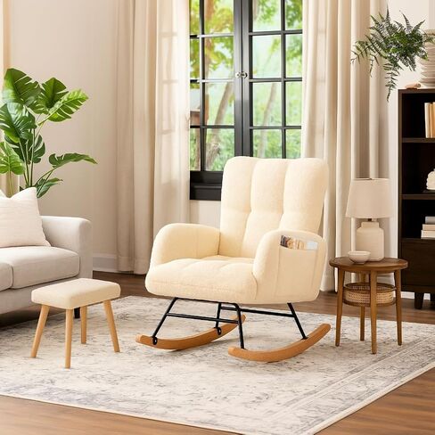COMHOMA Nursery Rocking Chair with Ottoman,Teddy Glider Rocking Chair,Accent Chair with High Backrest Reading Chair for Adult,Nursery,Bedroom,Living Room,Offices(Beige with Ottoman) in Saudi Arabia