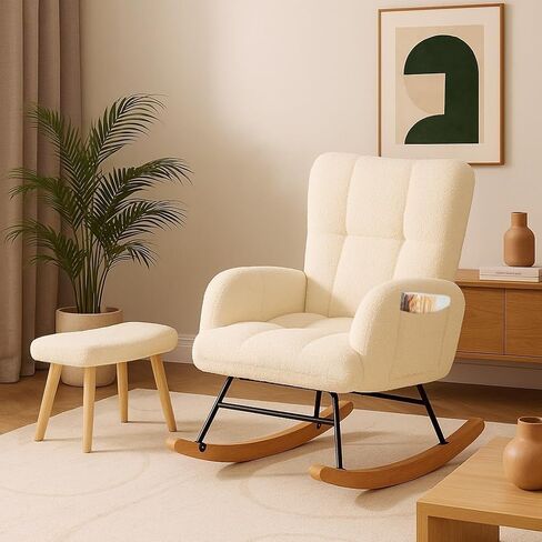 COMHOMA Nursery Rocking Chair with Ottoman,Teddy Glider Rocking Chair,Accent Chair with High Backrest Reading Chair for Adult,Nursery,Bedroom,Living Room,Offices(Beige with Ottoman) in Saudi Arabia