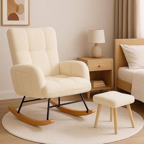 COMHOMA Nursery Rocking Chair with Ottoman,Teddy Glider Rocking Chair,Accent Chair with High Backrest Reading Chair for Adult,Nursery,Bedroom,Living Room,Offices(Beige with Ottoman) in Saudi Arabia