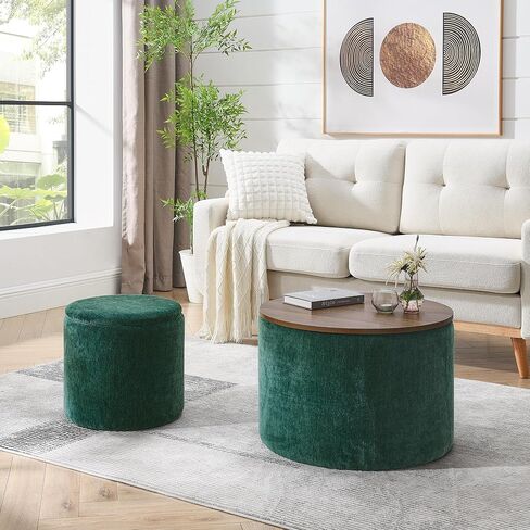 2-Piece Set Round Chenille Storage Ottoman, Equipped with a Drum Shaped Small Stool, Storage Space, and MDF Made Desktop Panel (Beige) in Saudi Arabia