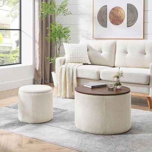 2-Piece Set Round Chenille Storage Ottoman, Equipped with a Drum Shaped Small Stool, Storage Space, and MDF Made Desktop Panel (Beige) in Saudi Arabia