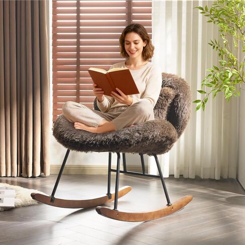VINGLI 25.6" Extra Wide Criss Cross Nursery Rocking Chair,Cute Curved 115° Reclining Armless Glider,Plush Small Rocker w/Pillow & Solid Wood for Indoor,Bedroom, Living Room,Fluffy Fleece,Lawn Green in Saudi Arabia