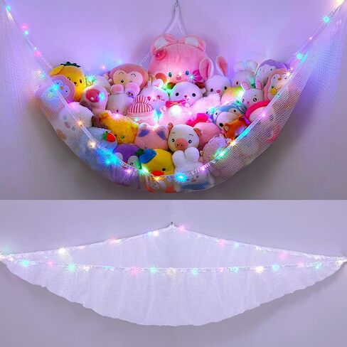 Stuffed Animals Hammock with LED Light Toy Net Room Decor Corner Storage | Plushies organizer, corner space saver, kids room decor, LED lights included, large capacity for plush toys, easy hanging in Saudi Arabia