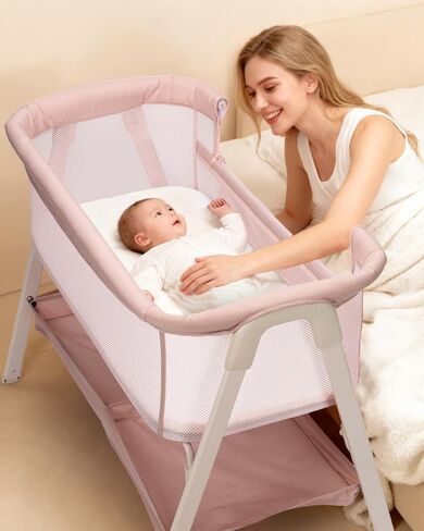 Baby Bassinet, Bedside Bassinet for Baby | Bassinet Bedside Sleeper with Mattress, Storage Basket and 4 Auto-Lock Wheels, Full-Mesh Sides, Bedside Mini Crib for Newborn in Saudi Arabia