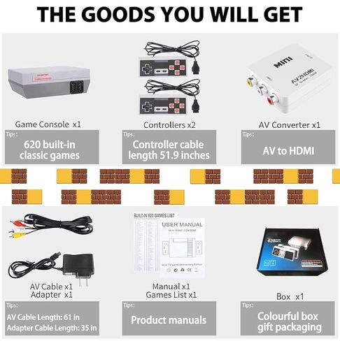 Hqeeun 620 Retro Game Console, 8-Bit Classic Video Gaming Consoles Built-in with 620 Games and 2 Controllers for Christmas Birthday Gifts- HDMI and AV Output in Kuwait