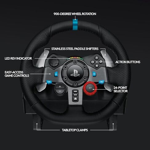 عجلة سباق Logitech G29 Driving Force ودواسات أرضية، ردود فعل حقيقية للقوة، غطاء عجلة قيادة جلدي لأجهزة PS5، PS4، PC، Mac - أسود (متجدد) in Kuwait