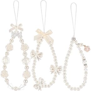 Ecally 3 Pcs Phone Charms Strap Camera Charm Strap Pearl Beaded Butterfly Bow Flower Cute Phone Wrist Lanyard Bracelet for Camera Keychain Wallet Decor Valentine Gifts in Kuwait
