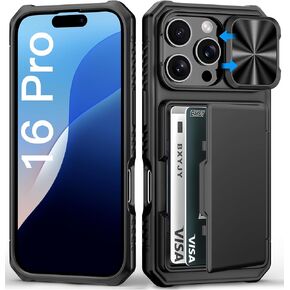 for iPhone 16 Pro Max Case Wallet, Built-in Card Holder (4-5 Cards), Slide Lens Cover, Military Drop Protection, Rugged Heavy Duty Men Women Protective Phone Case for iPhone 16 Pro Max, Black in Kuwait