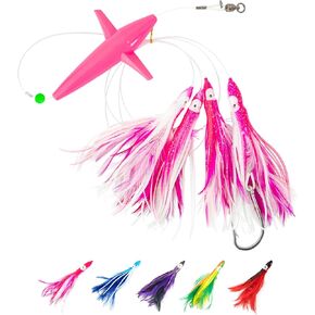 BLUEWING Tuna Feather Daisy Chain Fishing Teaser Lure with 6in Feathered Trolling Squids and Stainless Steel Hook Big Game for Tuna Mahi Wahoo Marlin, Black/Red in Kuwait