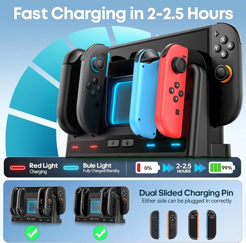 محطة شحن Switch 2/1 متوافقة مع وحدة تحكم Joycon 1/2، شاحن وحدة تحكم Switch 2، قاعدة شحن Joycon، ملحقات الألعاب مع 9 أوضاع إضاءة RGB للعبة sega Game Gear in Kuwait