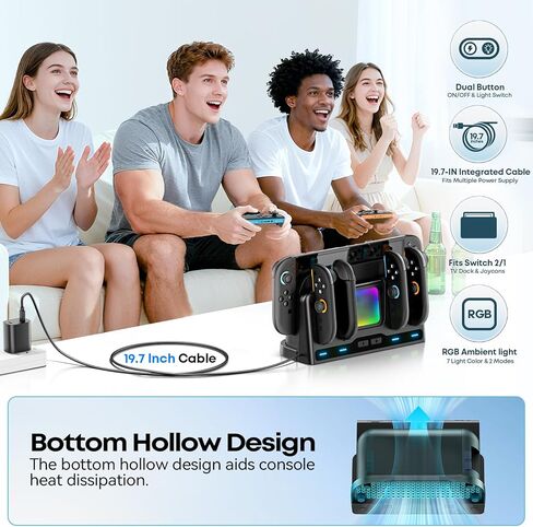 محطة شحن Switch 2/1 متوافقة مع وحدة تحكم Joycon 1/2، شاحن وحدة تحكم Switch 2، قاعدة شحن Joycon، ملحقات الألعاب مع 9 أوضاع إضاءة RGB للعبة sega Game Gear in Kuwait