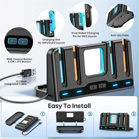 محطة شحن Switch 2/1 متوافقة مع وحدة تحكم Joycon 1/2، شاحن وحدة تحكم Switch 2، قاعدة شحن Joycon، ملحقات الألعاب مع 9 أوضاع إضاءة RGB للعبة sega Game Gear in Kuwait