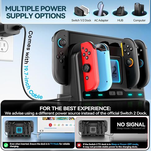 محطة شحن Switch 2/1 متوافقة مع وحدة تحكم Joycon 1/2، شاحن وحدة تحكم Switch 2، قاعدة شحن Joycon، ملحقات الألعاب مع 9 أوضاع إضاءة RGB للعبة sega Game Gear in Kuwait