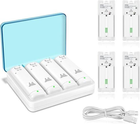 شاحن بطارية Wii Remote، محطة شحن 4 في 1 مع 4 بطاريات قابلة لإعادة الشحن بقدرة 2800 مللي أمبير في الساعة، كابل USB لجهاز التحكم عن بعد Wii/Wii U (أبيض) in Kuwait