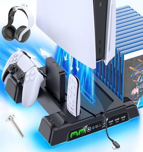 PS5/Slim/Pro Stand and Cooling Station with LED Controller Charging Station for PlayStation 5 Console, Controller Charger, Cooling Stand, PS5/Slim/Pro Skin Accessories Kit with 3 Level Cooler Fan in Saudi Arabia