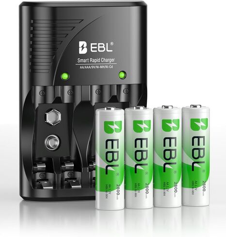 شاحن بطارية EBL 4-Bay لبطاريات AA وAAA القابلة لإعادة الشحن مع بطاريات AA NiMh القابلة لإعادة الشحن، 4 قطع، شاحن بطارية مع قابس حائط قابل للطي in Saudi Arabia