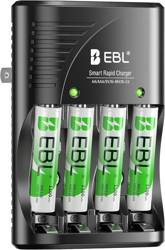 شاحن بطارية EBL 4-Bay لبطاريات AA وAAA القابلة لإعادة الشحن مع بطاريات AA NiMh القابلة لإعادة الشحن، 4 قطع، شاحن بطارية مع قابس حائط قابل للطي in Saudi Arabia