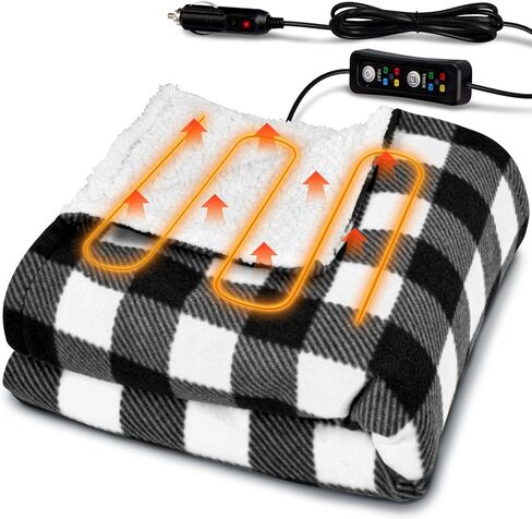 بطانية مدفوعة بالسيارة 12V 59 "x39" بطانية ساخنة محمولة للسفر مع 4 تسخين 4 إعدادات توقيت ناعمة ومريحة لتخييم سيارات السيارات (أسود وأحمر) in Kuwait