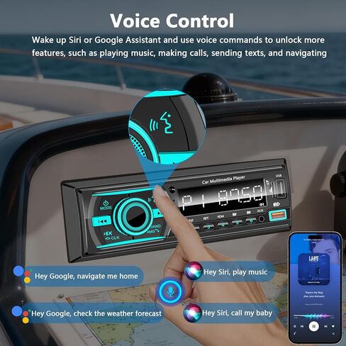 راديو بحري واحد DIN بلوتوث للسيارة، وحدة استقبال ستيريو للقارب مع نظام تشغيل iOS/Android، ميكروفون مدمج، شاشة LCD رقمية، RCA، MP3، FM، EQ، Aux-in، USB، بطاقة TF وجهاز تحكم عن بعد للتطبيقات in Kuwait