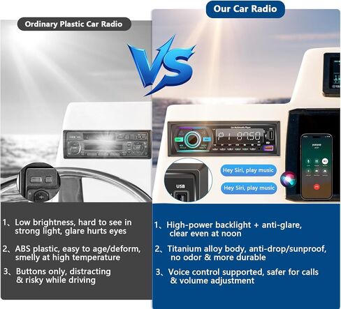راديو بحري واحد DIN بلوتوث للسيارة، وحدة استقبال ستيريو للقارب مع نظام تشغيل iOS/Android، ميكروفون مدمج، شاشة LCD رقمية، RCA، MP3، FM، EQ، Aux-in، USB، بطاقة TF وجهاز تحكم عن بعد للتطبيقات in Kuwait