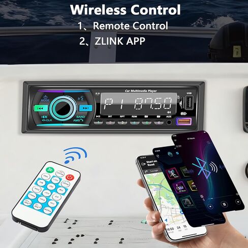 راديو بحري واحد DIN بلوتوث للسيارة، وحدة استقبال ستيريو للقارب مع نظام تشغيل iOS/Android، ميكروفون مدمج، شاشة LCD رقمية، RCA، MP3، FM، EQ، Aux-in، USB، بطاقة TF وجهاز تحكم عن بعد للتطبيقات in Kuwait