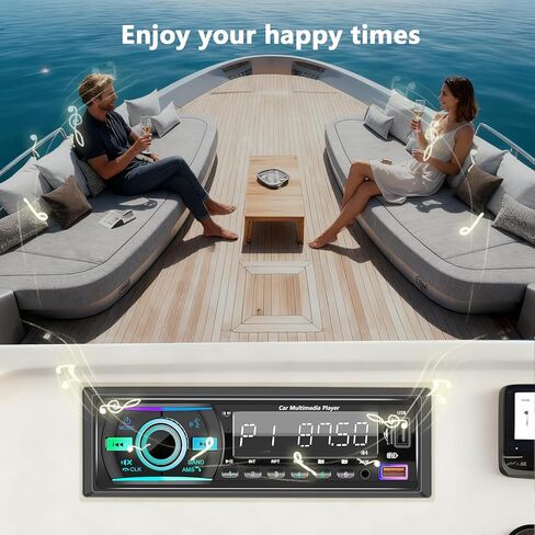 راديو بحري واحد DIN بلوتوث للسيارة، وحدة استقبال ستيريو للقارب مع نظام تشغيل iOS/Android، ميكروفون مدمج، شاشة LCD رقمية، RCA، MP3، FM، EQ، Aux-in، USB، بطاقة TF وجهاز تحكم عن بعد للتطبيقات in Kuwait