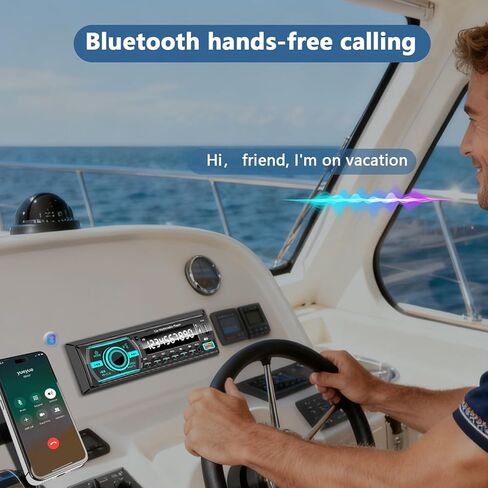 راديو بحري واحد DIN بلوتوث للسيارة، وحدة استقبال ستيريو للقارب مع نظام تشغيل iOS/Android، ميكروفون مدمج، شاشة LCD رقمية، RCA، MP3، FM، EQ، Aux-in، USB، بطاقة TF وجهاز تحكم عن بعد للتطبيقات in Kuwait
