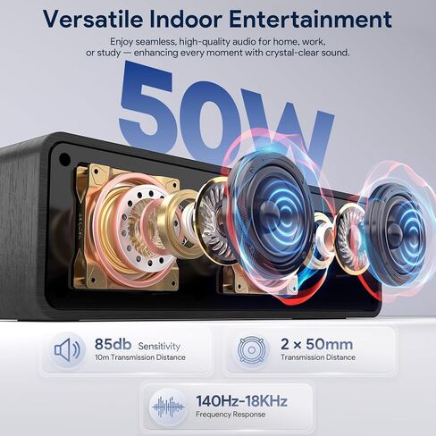 مكبر صوت بلوتوث محمول من فولميناري للمنزل، هيكل خشبي، صوت ستيريو عميق 50 وات، بلوتوث 5.3، وقت تشغيل 30 ساعة، تشغيل 4 في 1، مقاوم للماء IPX5 للاستخدام الداخلي والخارجي in Kuwait