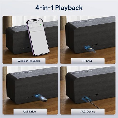مكبر صوت بلوتوث محمول من فولميناري للمنزل، هيكل خشبي، صوت ستيريو عميق 50 وات، بلوتوث 5.3، وقت تشغيل 30 ساعة، تشغيل 4 في 1، مقاوم للماء IPX5 للاستخدام الداخلي والخارجي in Kuwait