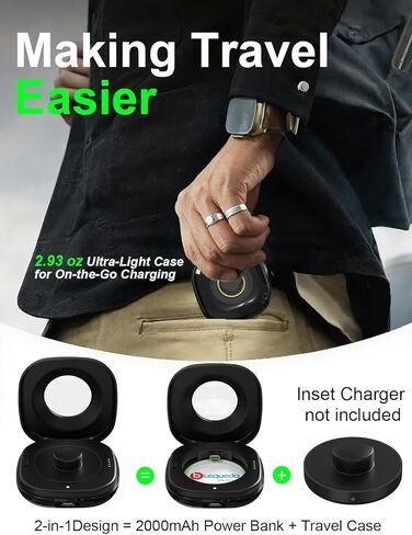 حافظة شحن لاسلكية لشاحن Oura Ring 3، محطة شحن محمولة للسفر بقدرة 2000 مللي أمبير في الساعة تناسب جميع أحجام Ring Gen 3، وقت تشغيل 30 يومًا (الشاحن الرسمي غير متضمن)، أسود in Kuwait